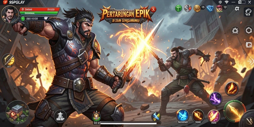 Gameplay mendebarkan dengan karakter bertarung di arena.