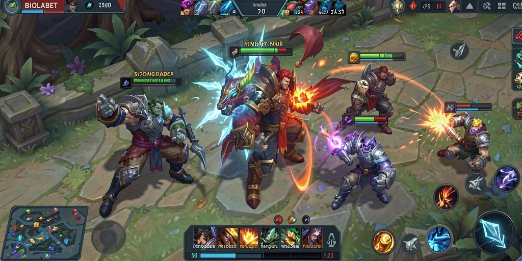 Tampilan gameplay seru dalam pertarungan MOBA BIOLABET.