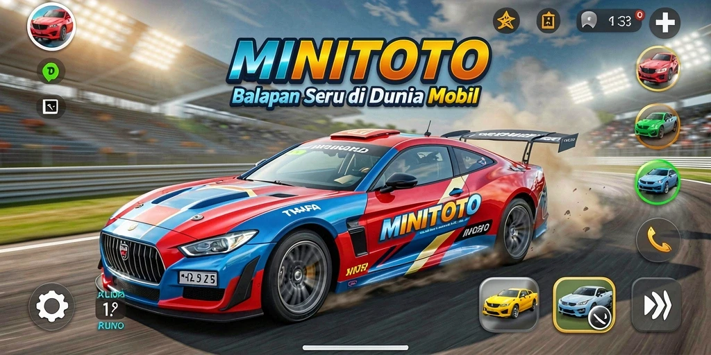 Tampilan gameplay seru dari MINITOTO saat mobil beraksi di trek balapan.