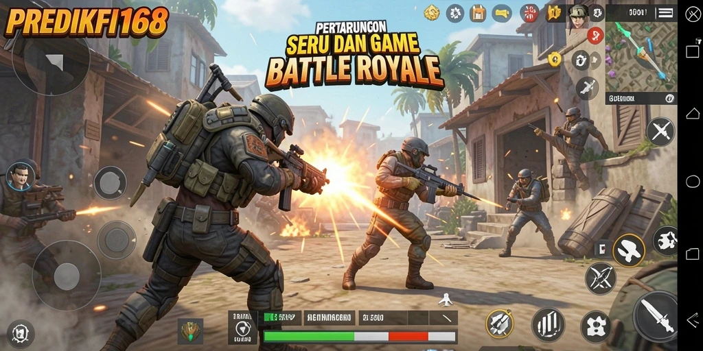 Screenshot gameplay PREDIKSI168 menampilkan pertempuran mendebarkan di arena Battle Royale.