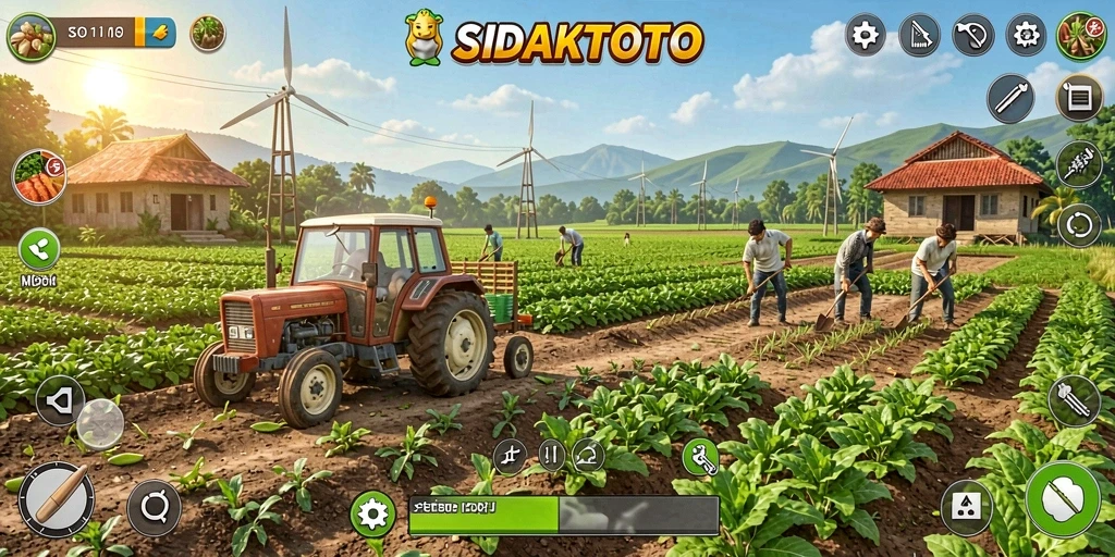 Tangkapan layar gameplay SIDAKTOTO yang menampilkan pertanian dan panen.